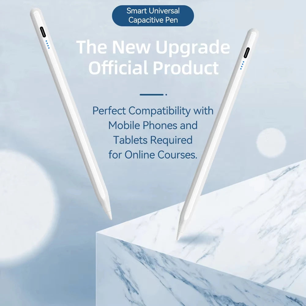 Smart universal capacitive pen with text on a light blue background