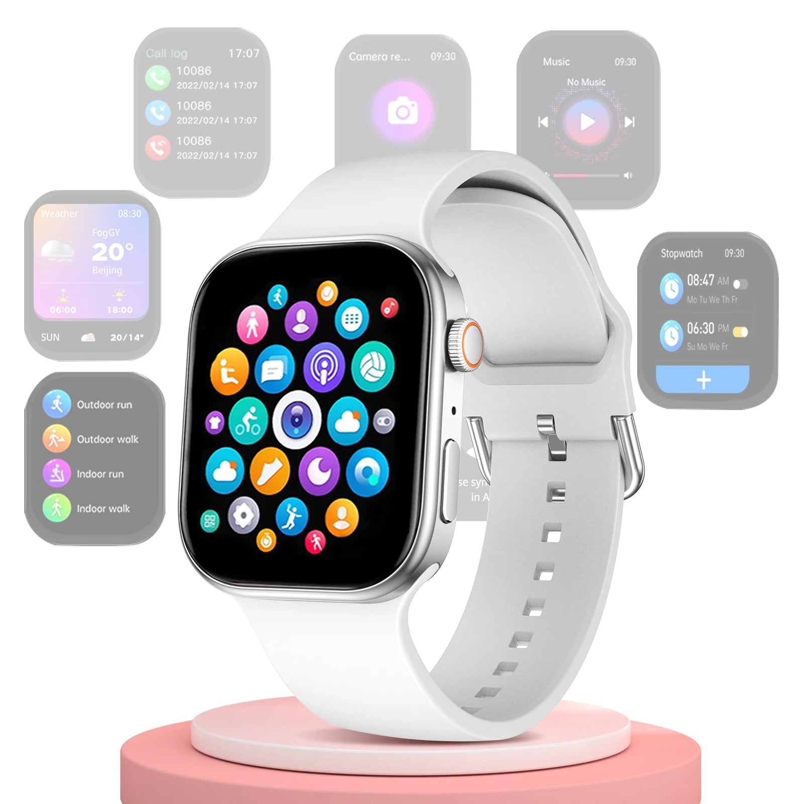 Smartwatch with app icons displayed on a white background