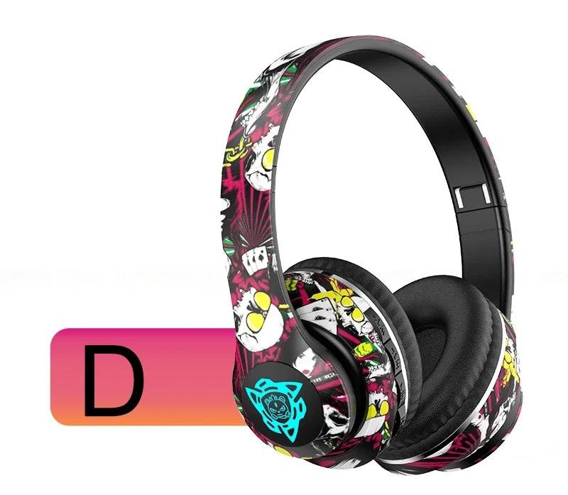 Colorful headphones with a cartoon design on a white background