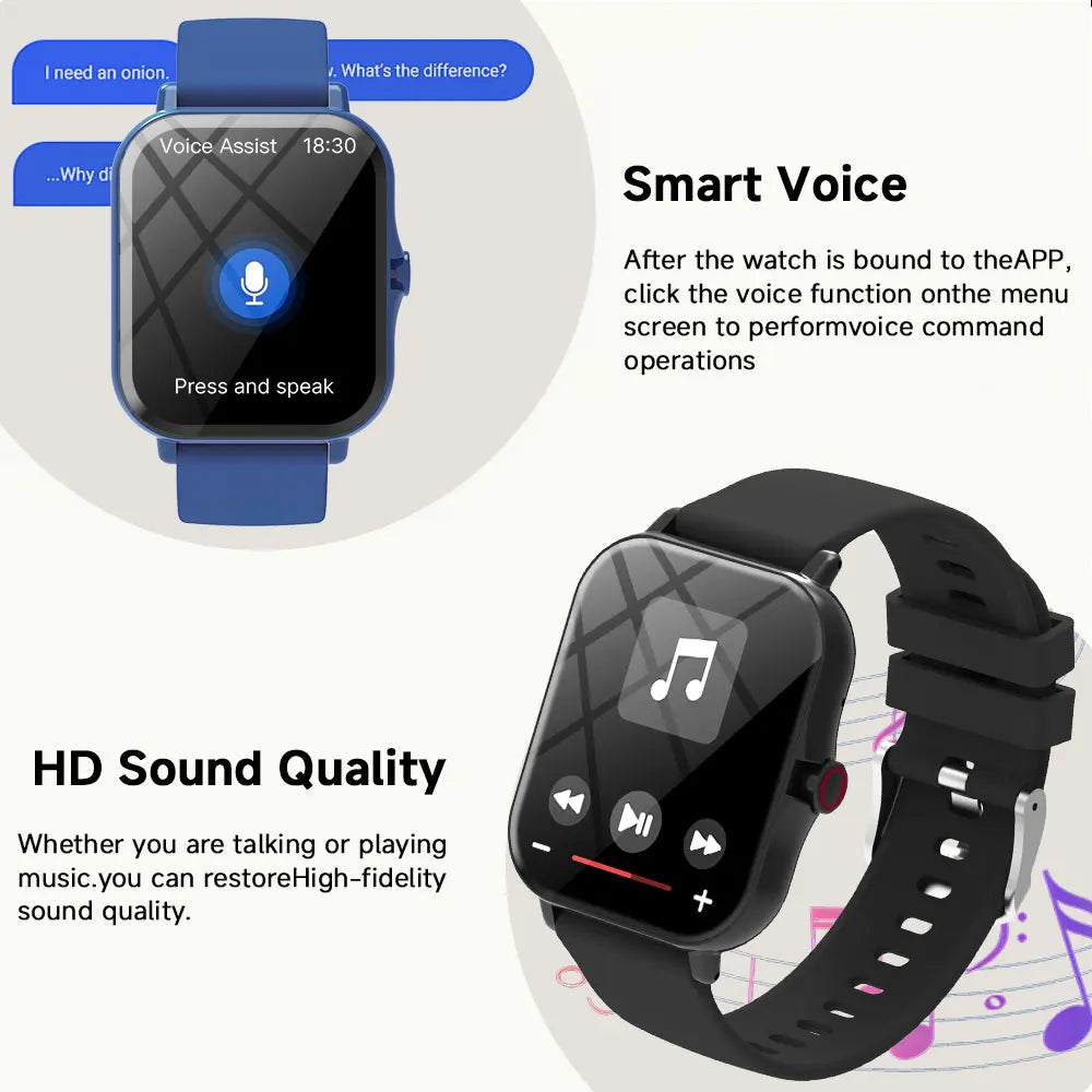 Smart watch with voice assistant and music player functions on a white background