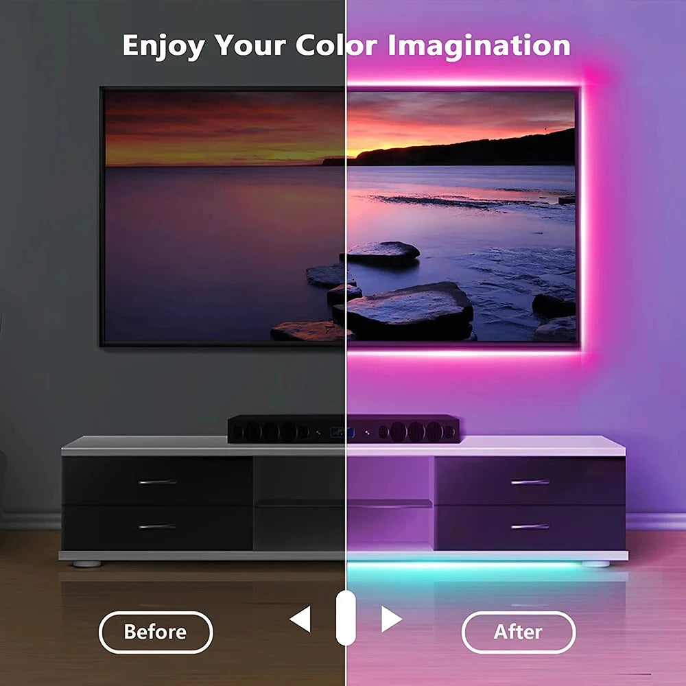 Before and after comparison of a TV setup with LED strip lights enhancing the display.