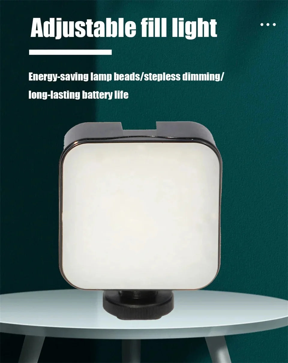 Adjustable fill light on a table with text highlighting features on a dark green background