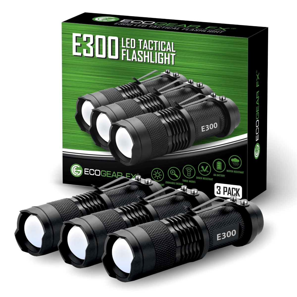 Three E300 LED tactical flashlights in front of their packaging box.