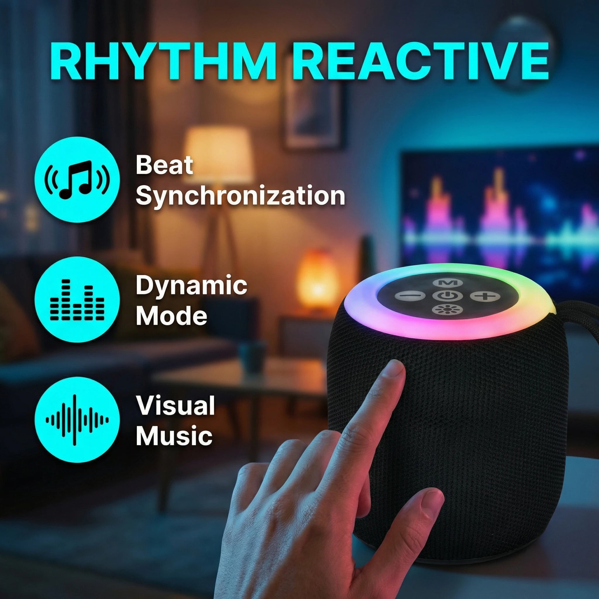 Rhythm reactive speaker with hand interacting, set against a blurred indoor background