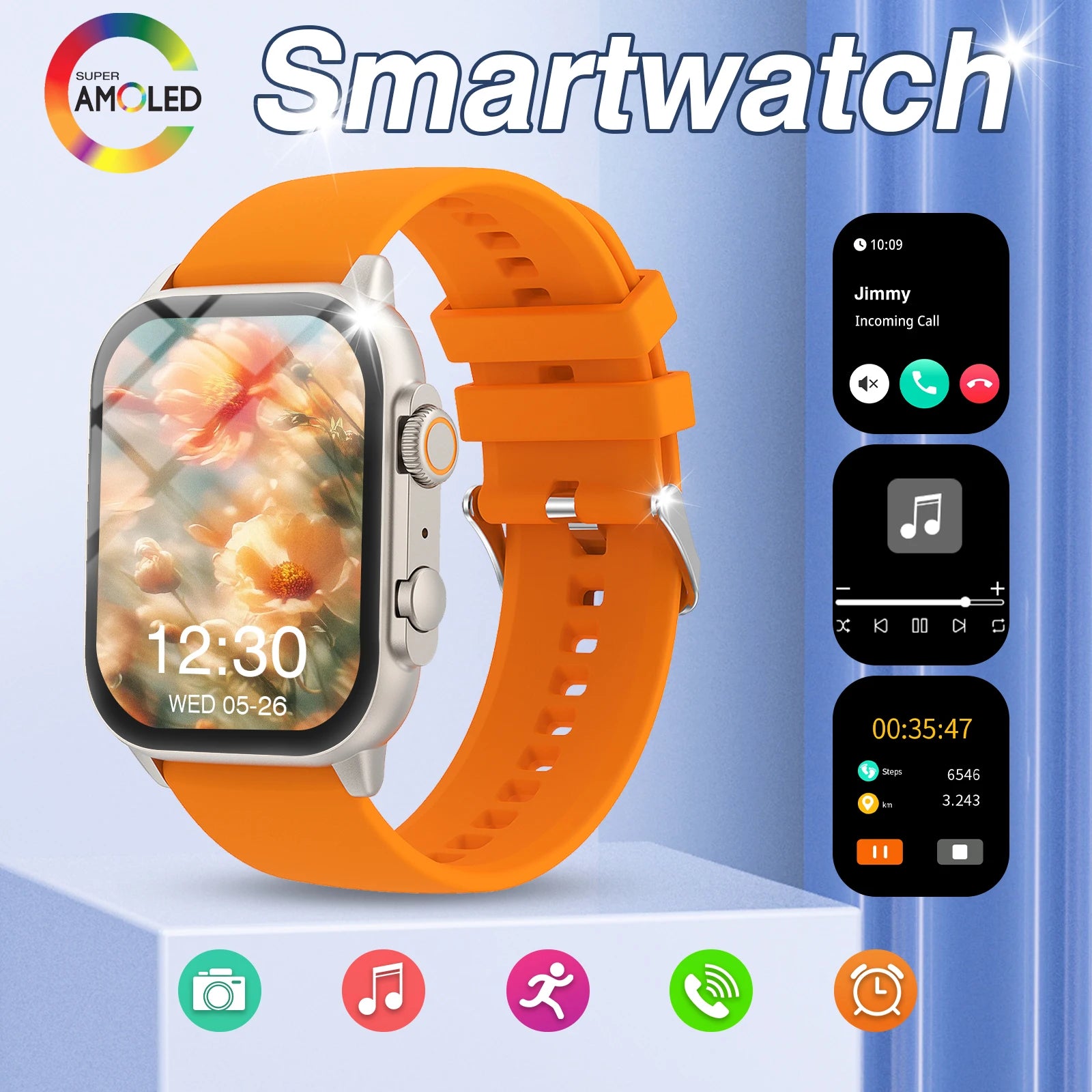 Smartwatch with orange band on a light blue background, featuring app icons and call interface.