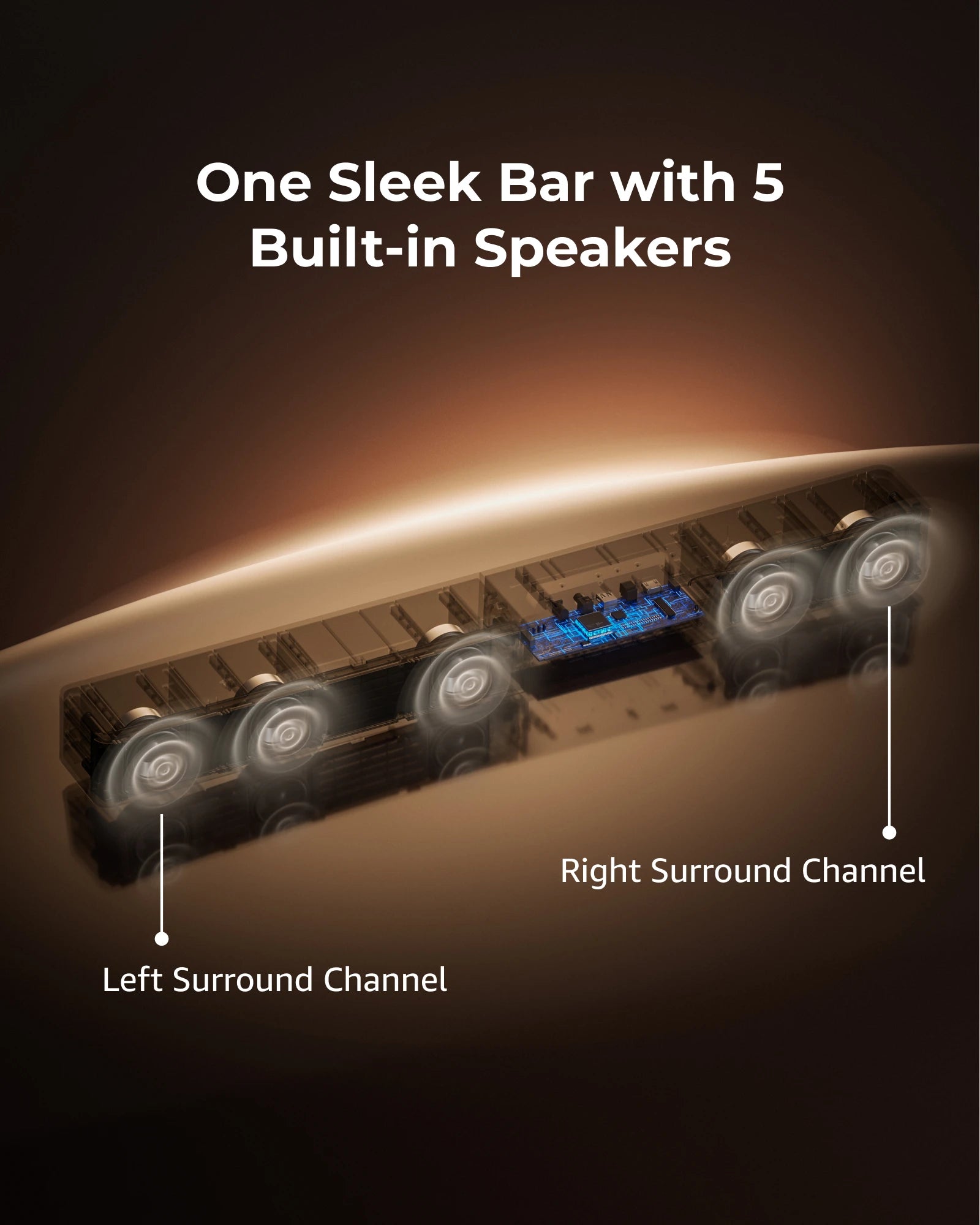 Sleek audio bar with five built-in speakers on a dark background