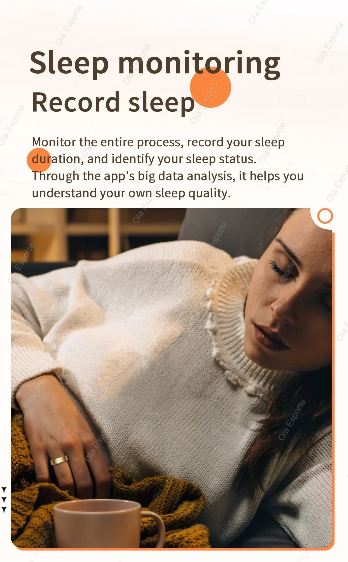 Person lying down with a cup, text about sleep monitoring and app features.