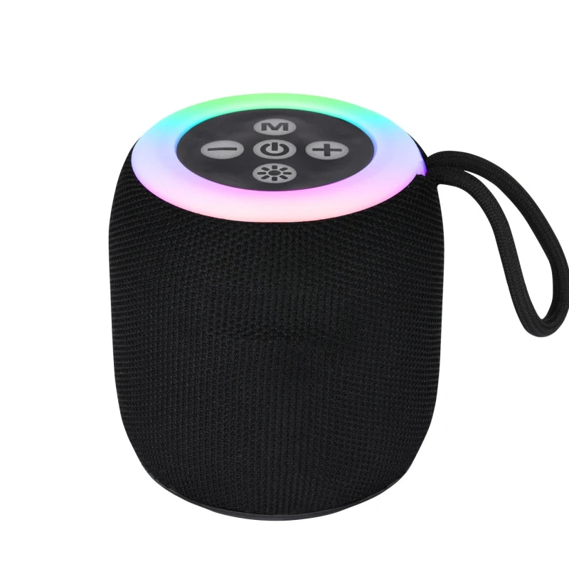 Black portable speaker with colorful LED top on a white background