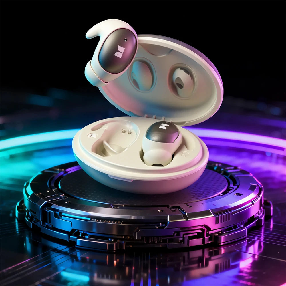 Wireless earbuds in a charging case on a reflective surface with colorful lighting