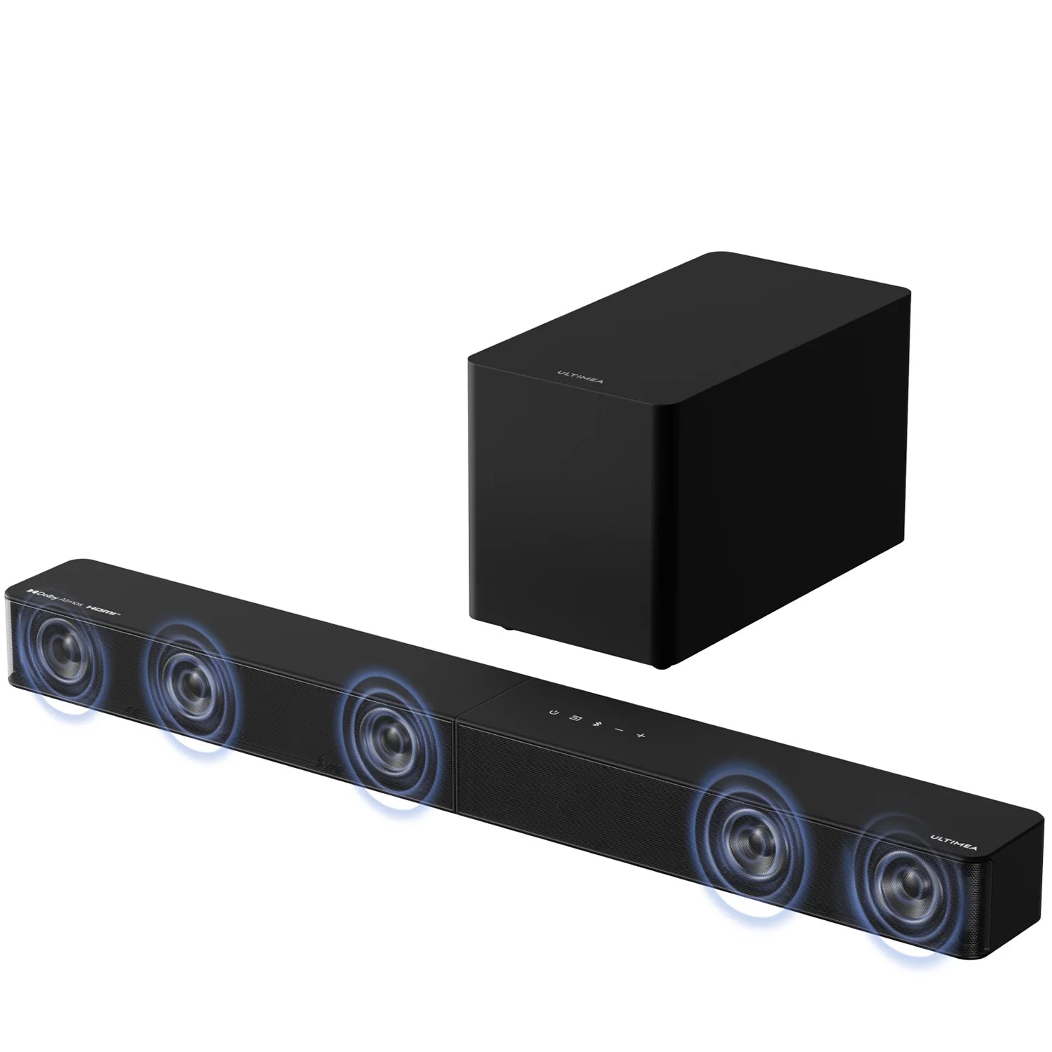 Black soundbar with subwoofer on a white background
