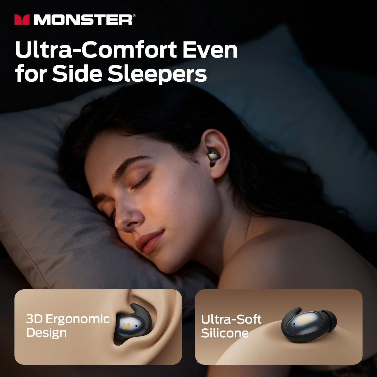 Woman sleeping with earbuds, emphasizing comfort for side sleepers, with Monster branding.
