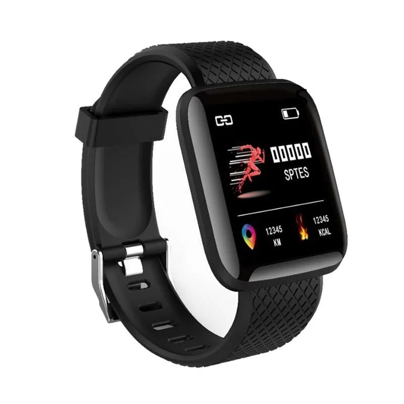 Black smartwatch with a display showing fitness metrics on a white background