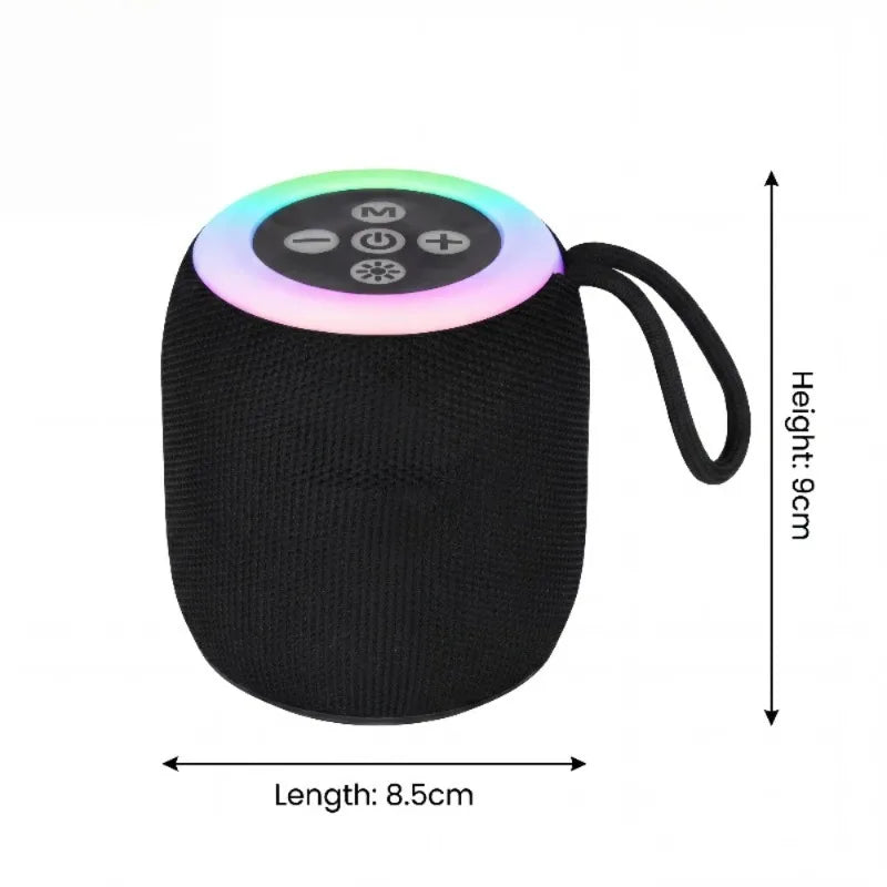 Black portable speaker with colorful LED light on top, showing dimensions on a white background.