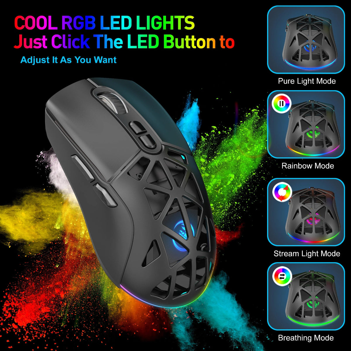 Black gaming mouse with RGB LED lights and mode options on a dark background