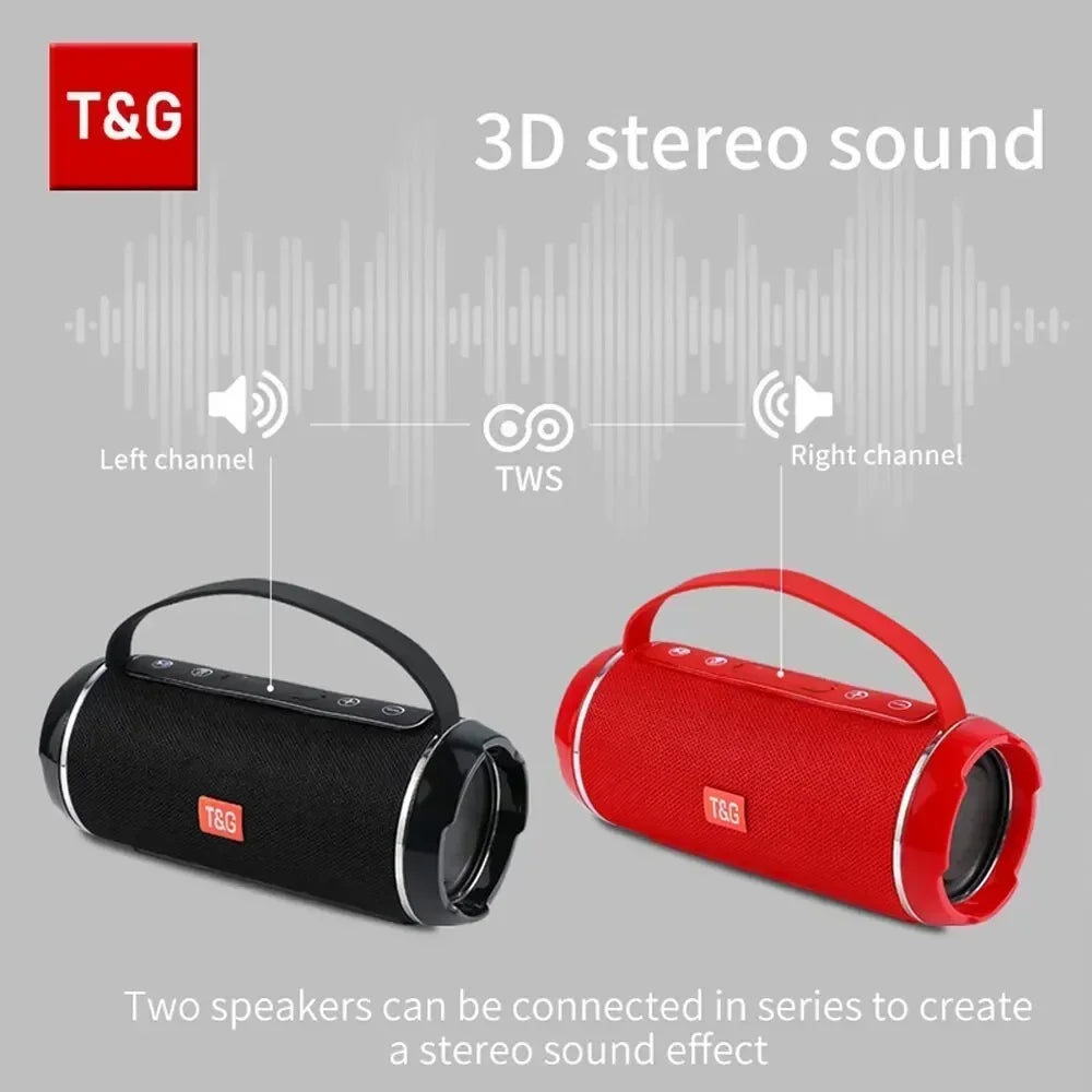 Two T&G Bluetooth speakers, one black and one red, on a gray background with audio wave graphics.