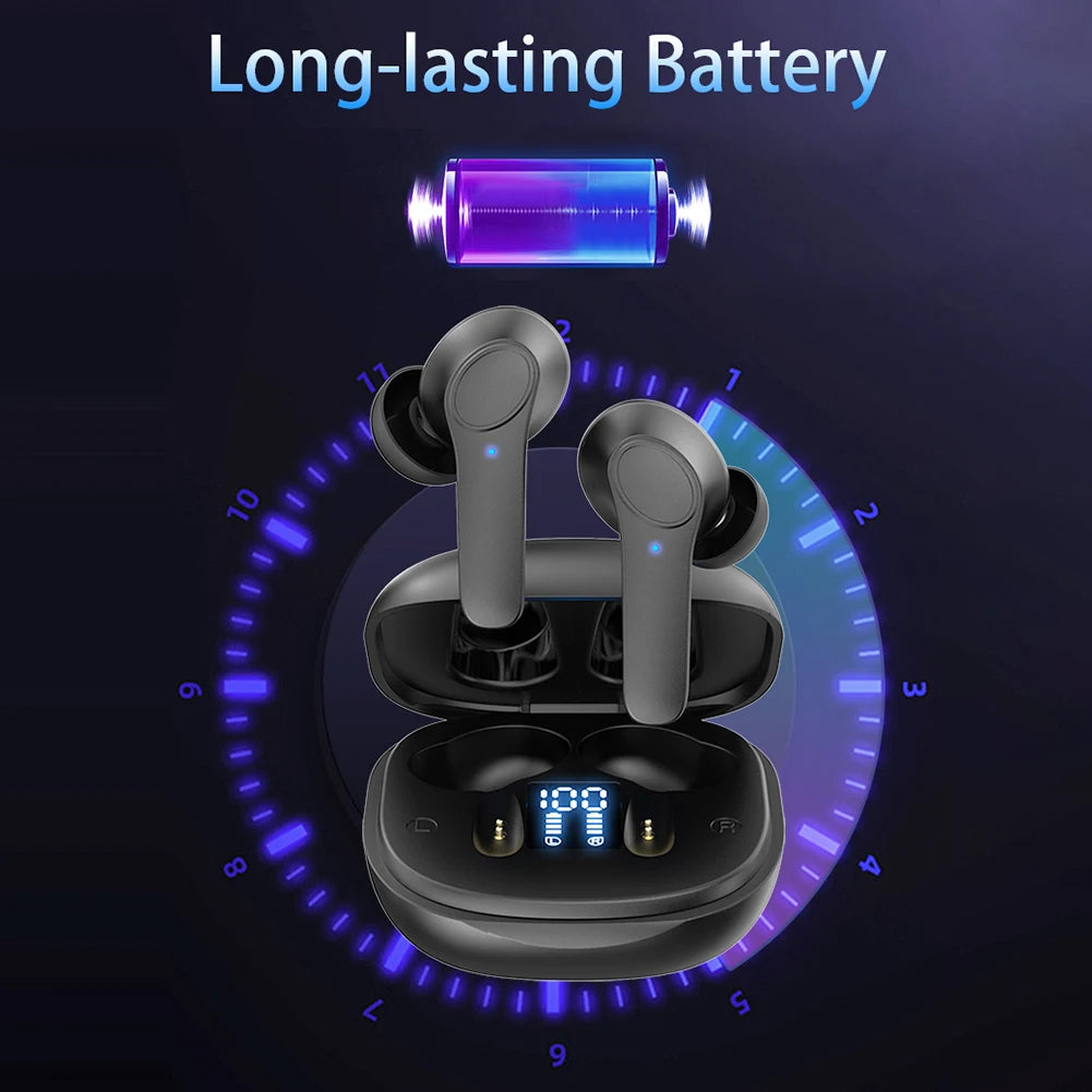 Wireless earbuds with charging case and battery indicator on a dark background