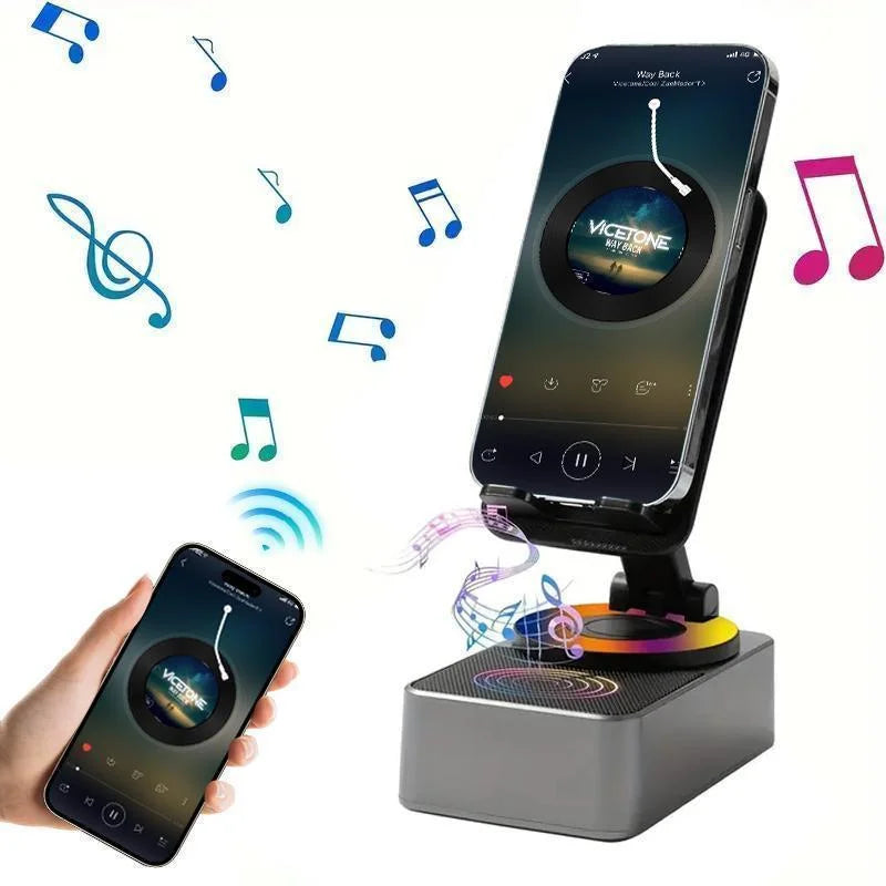 Smartphone dock with music player app interface, hand holding smartphone, and musical notes on a white background