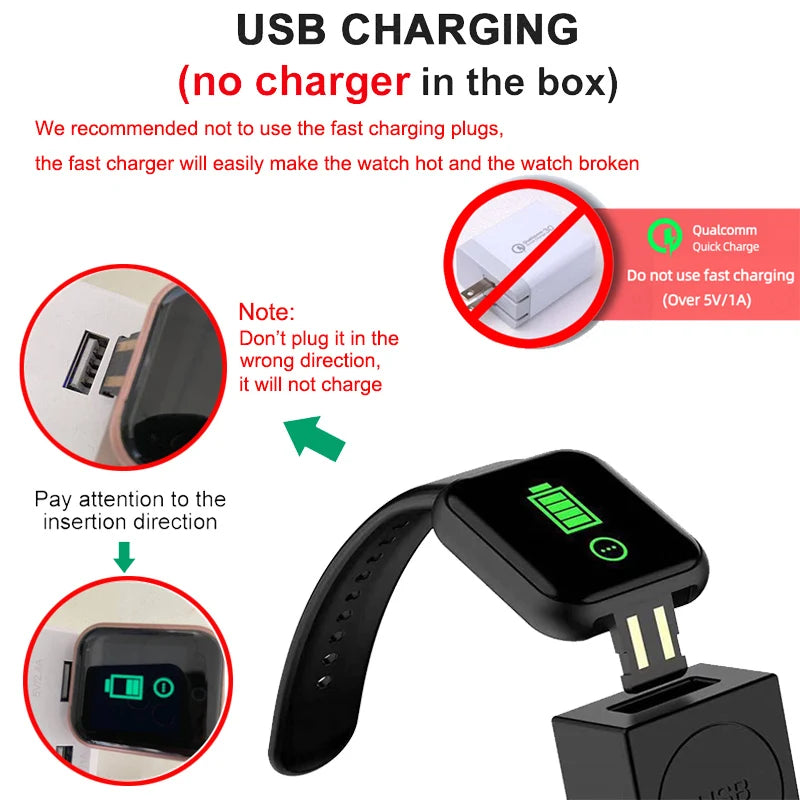 Smartwatch with USB charging cable and charging instructions on a white background
