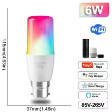 Smart LED bulb with color-changing capabilities, dimensions, and connectivity details on a white background.