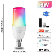 Smart LED bulb with color-changing feature, dimensions, and connectivity details on a white background.