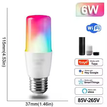 Smart LED bulb with color-changing feature, dimensions, and connectivity details on a white background.