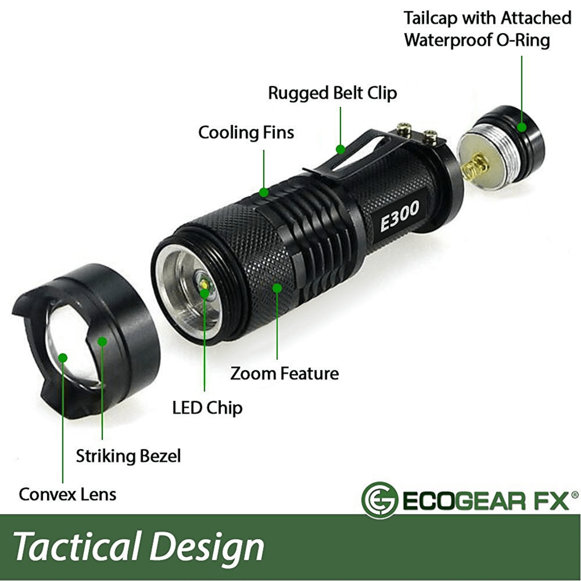 E300 flashlight with labeled parts on a white background