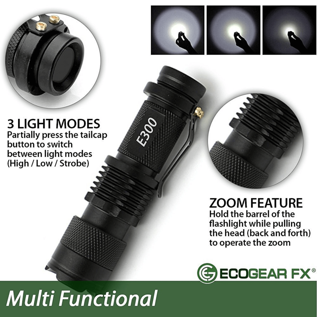 Black flashlight with zoom feature and light mode indicators, featuring ECOGEAR FX branding.