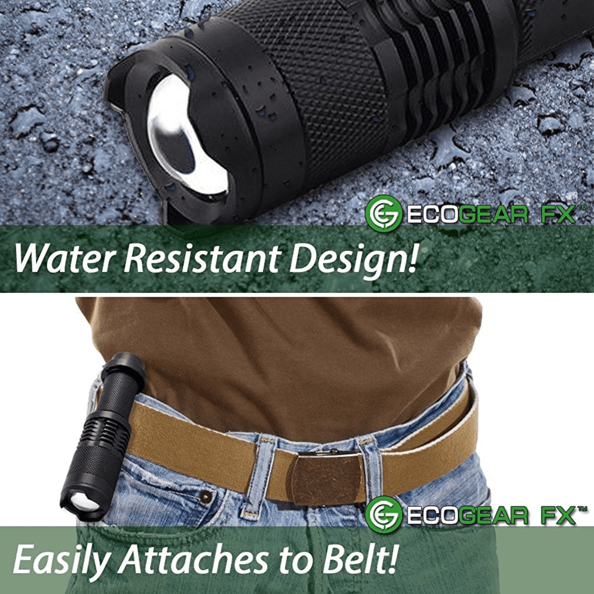 Black flashlight with water-resistant design feature and attachment to belt on a textured surface.