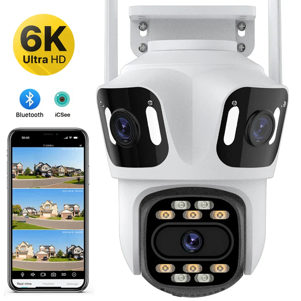 White security camera with 6K Ultra HD label and smartphone displaying camera feed on a white background
