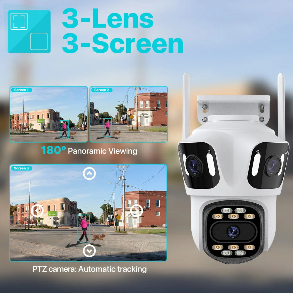 Security camera with 3-lens 3-screen feature showing 180-degree panoramic viewing and automatic tracking.