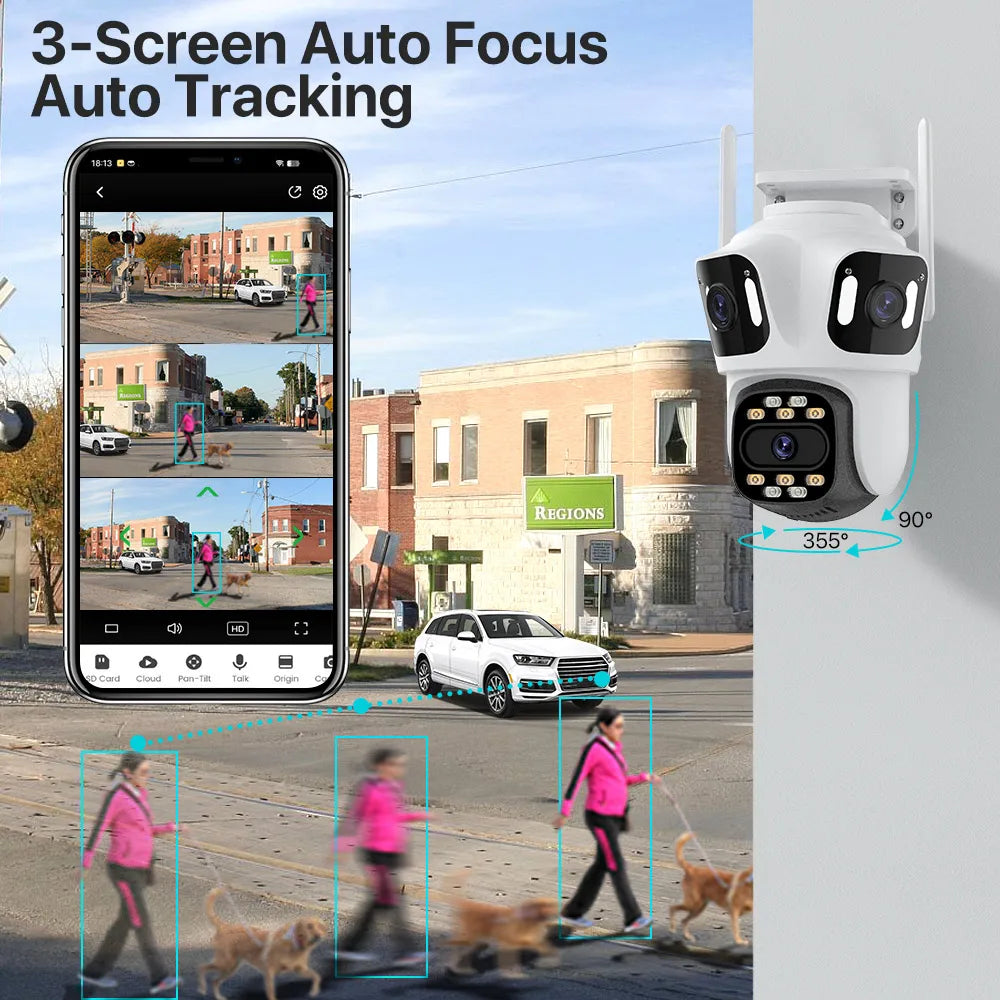 Smart home security camera with smartphone app displaying live feed and tracking features.