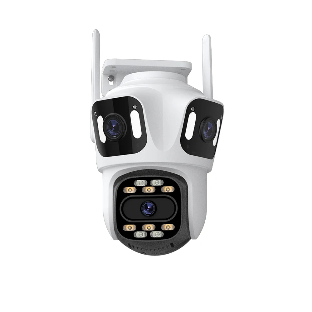 White security camera with black lenses on a white background.