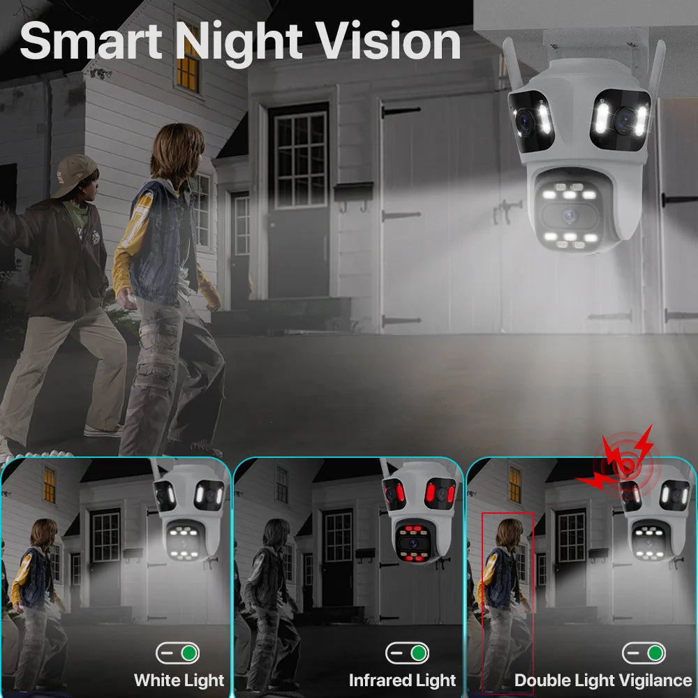 Smart night vision technology demonstration with a person walking past a house.