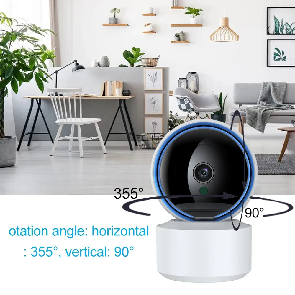 Smart home security camera with 360-degree view in a modern living room.