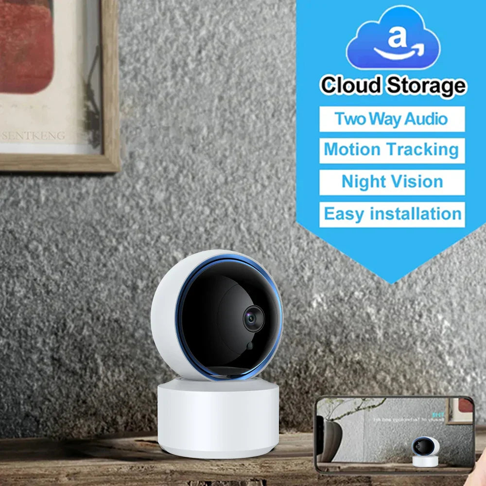 Smart home security camera with Amazon Cloud Storage features on a wooden surface.