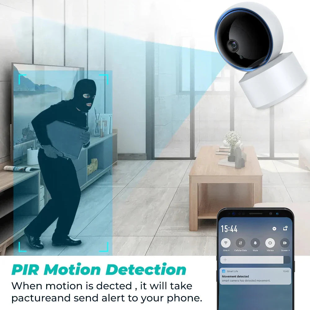 Smart home security camera with PIR motion detection feature displayed on a smartphone.