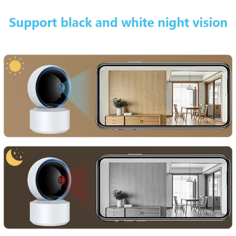 Smart home security camera with night vision feature displayed on a brown background.