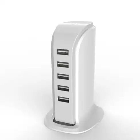 White USB hub with multiple ports on a white background