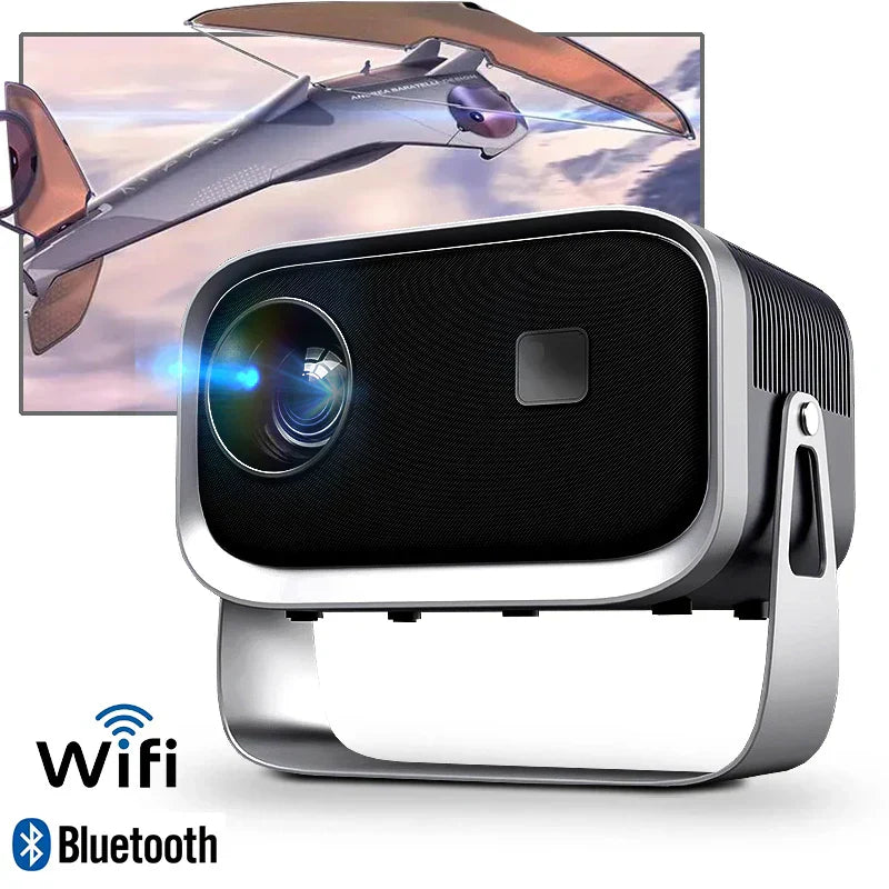 Portable projector with screen displaying an airplane, featuring WiFi and Bluetooth icons.