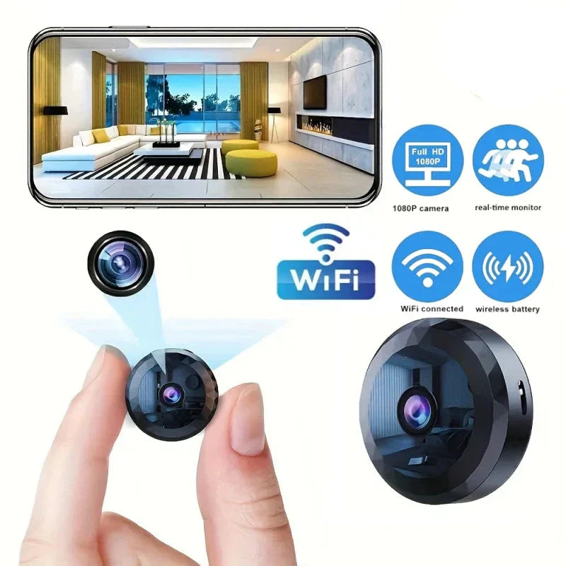 Small black camera with WiFi and battery icons, held by a hand, with a smartphone displaying a room view.