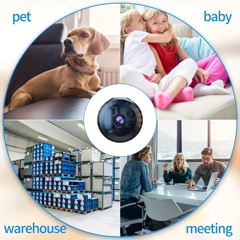 Camera with images of a dog, children, warehouse, and people at a meeting, labeled 'pet', 'baby', 'warehouse', and 'meeting'.