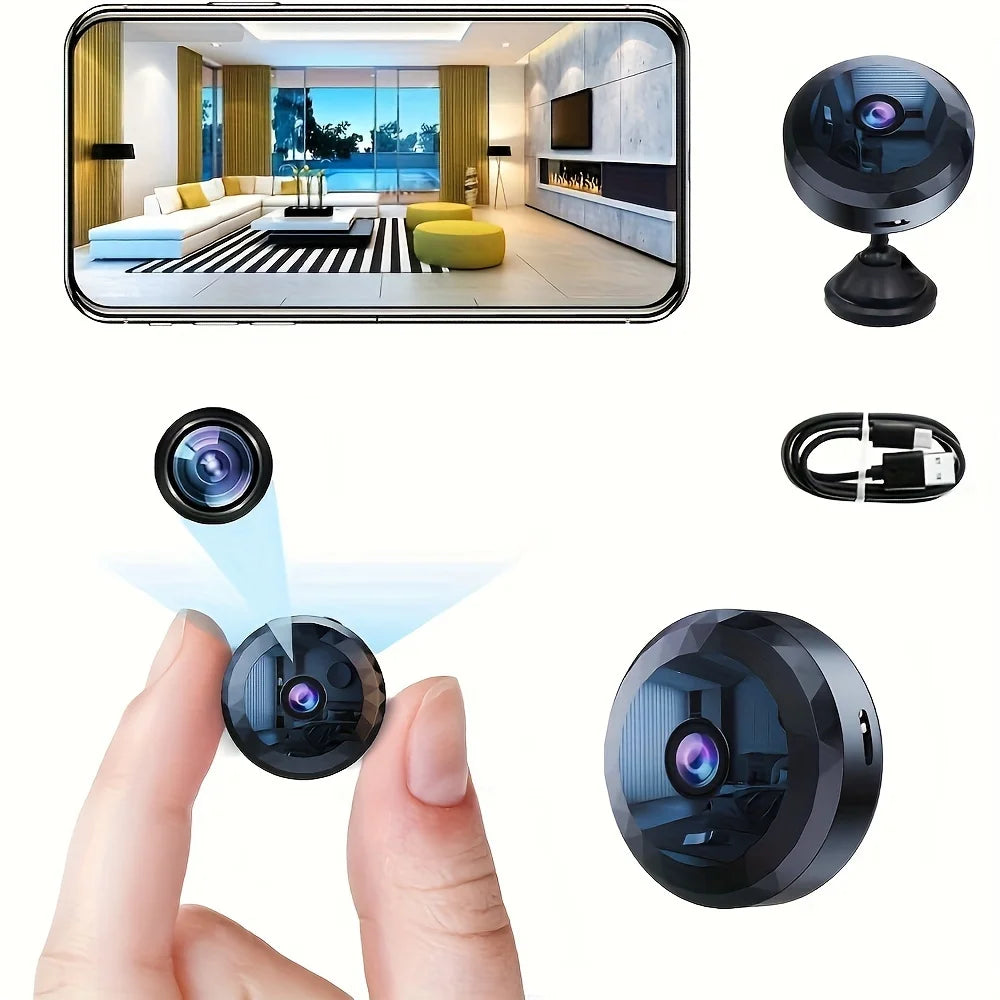 Small camera with smartphone display showing a room, and additional camera parts on a white background.