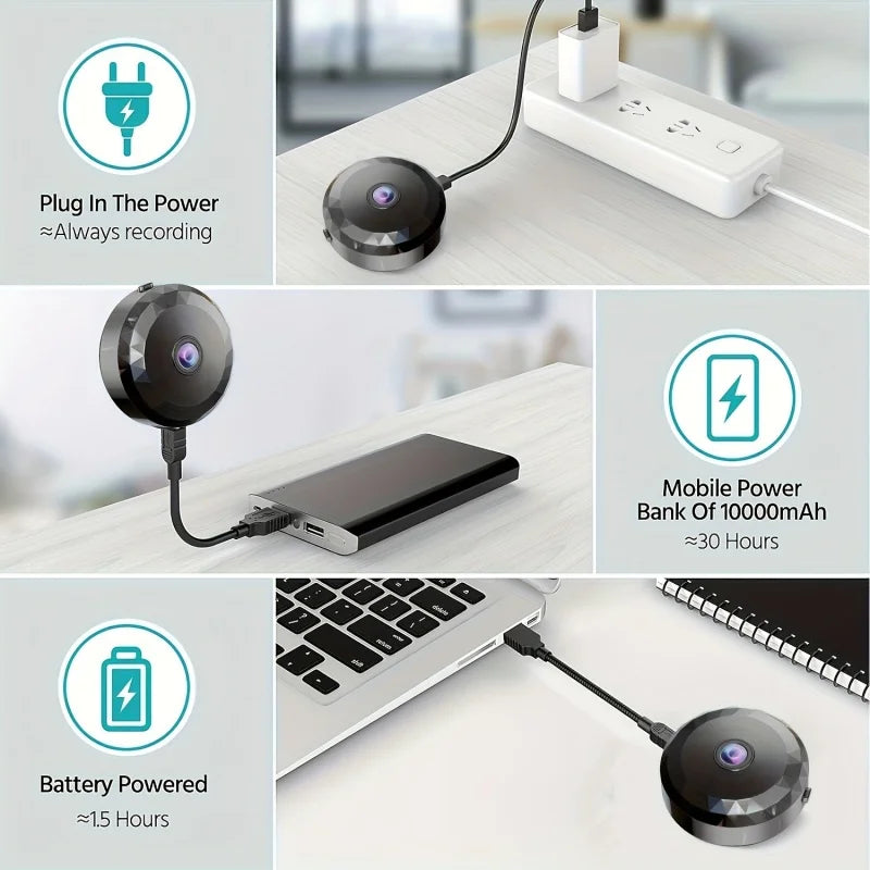 Collage of a small device being used with power bank, laptop, and wall outlet.