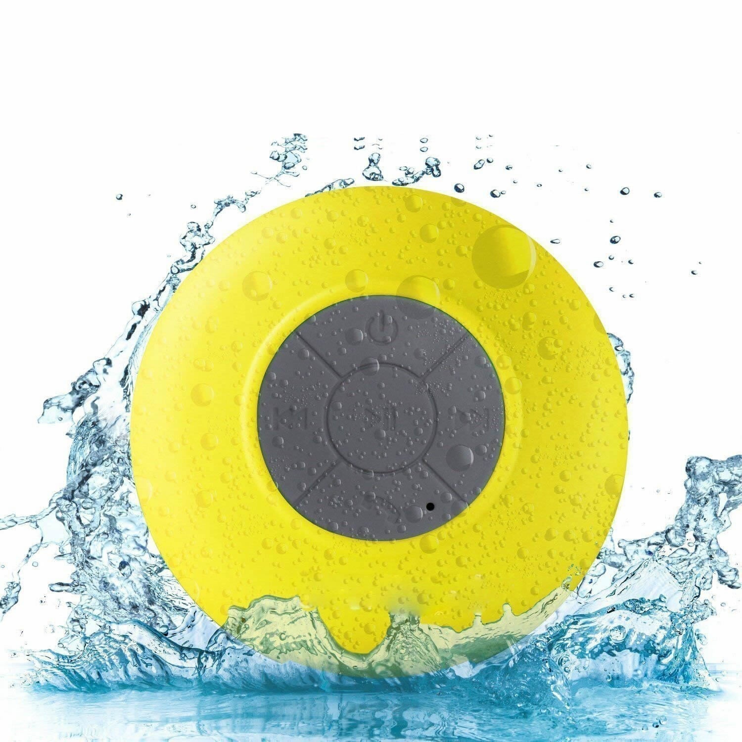 Yellow bath toy with water splashes on a white background