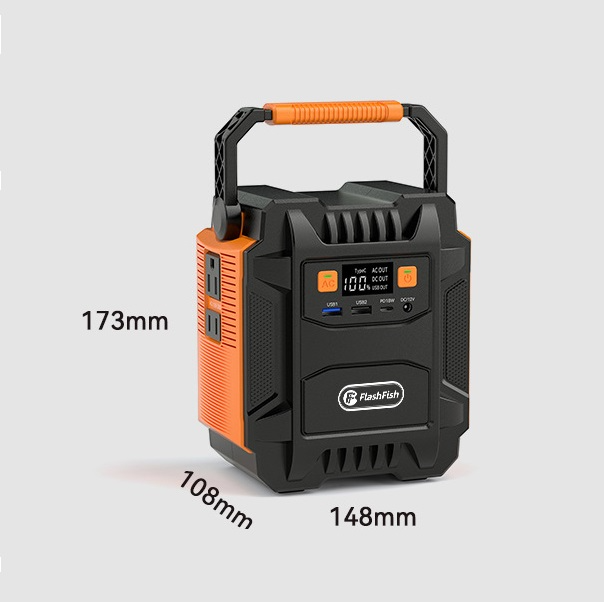 Portable power station with dimensions labeled on a light gray background