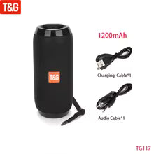 Black portable speaker with charging cable and audio cable on a white background