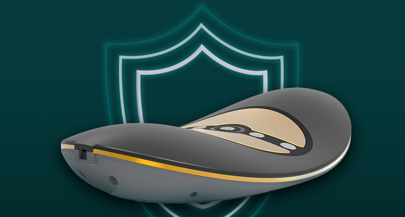 Gray electronic device with a shield emblem on a dark green background