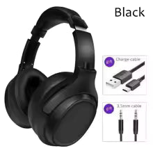 Black over-ear headphones with charging cable and USB adapter on a white background