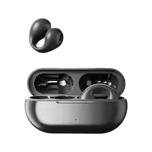 Black wireless earbuds with charging case on a white background