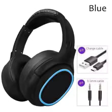 Black gaming headset with blue accents, USB cable, and 3.5mm jack on a white background.